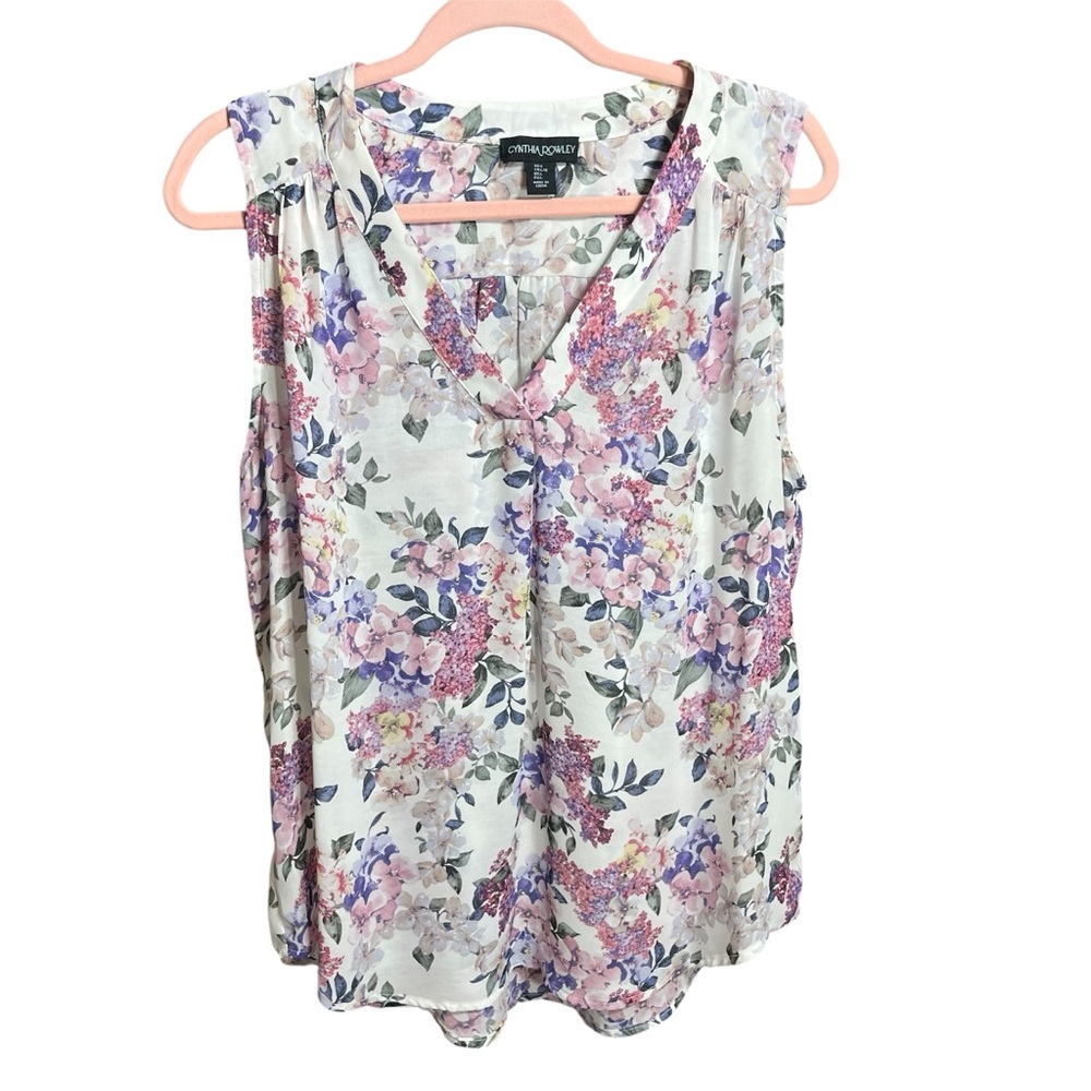 Cynthia Rowley Sleeveless Floral Blouse Top White Floral Print Size L